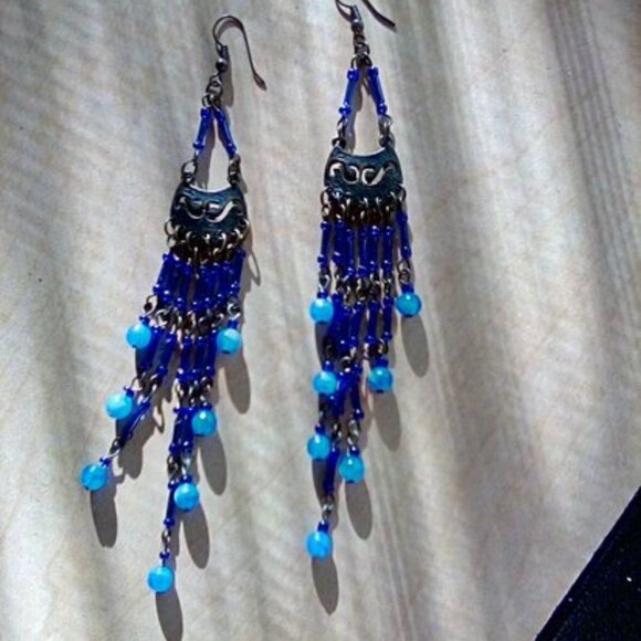 Exotic Royal Blue 7 Strand beaded Earrings 5" long - Picture 3 of 5